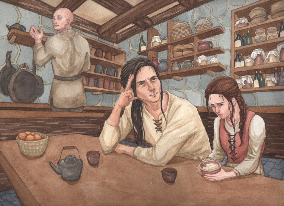 Breakfast at Neith. A scene from Master of Crows by Grace Draven. Watercolor.