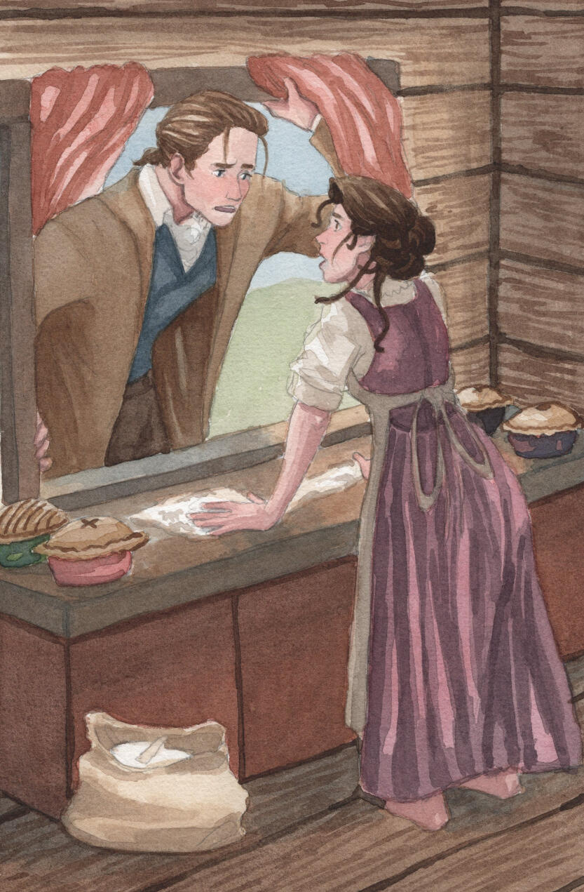 Kydd and Peggs, a scene from A Turn of Light by Julie Czerneda. Watercolor. Kydd and Peggs, a scene from A Turn of Light by Julie Czerneda. Watercolor.